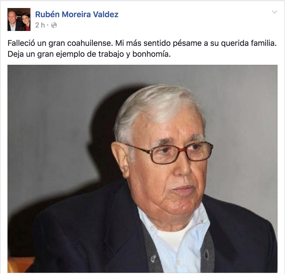 Lamenta Gobernador deceso de Don Braulio Cárdenas