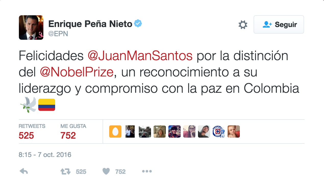 Peña felicita a Santos por premio Nobel de la Paz