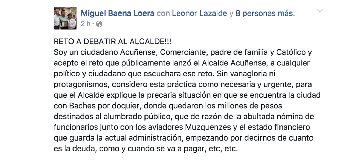 Reta acuñense a debatir a su alcalde