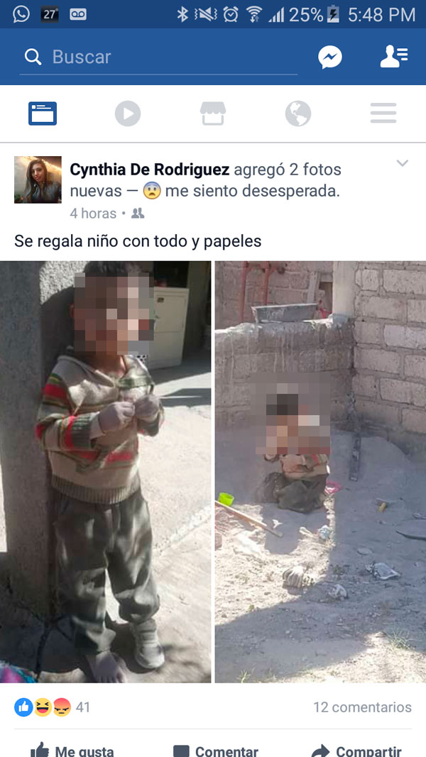 Mujer de Sabinas ofrece de regalo a su hijo en facebook