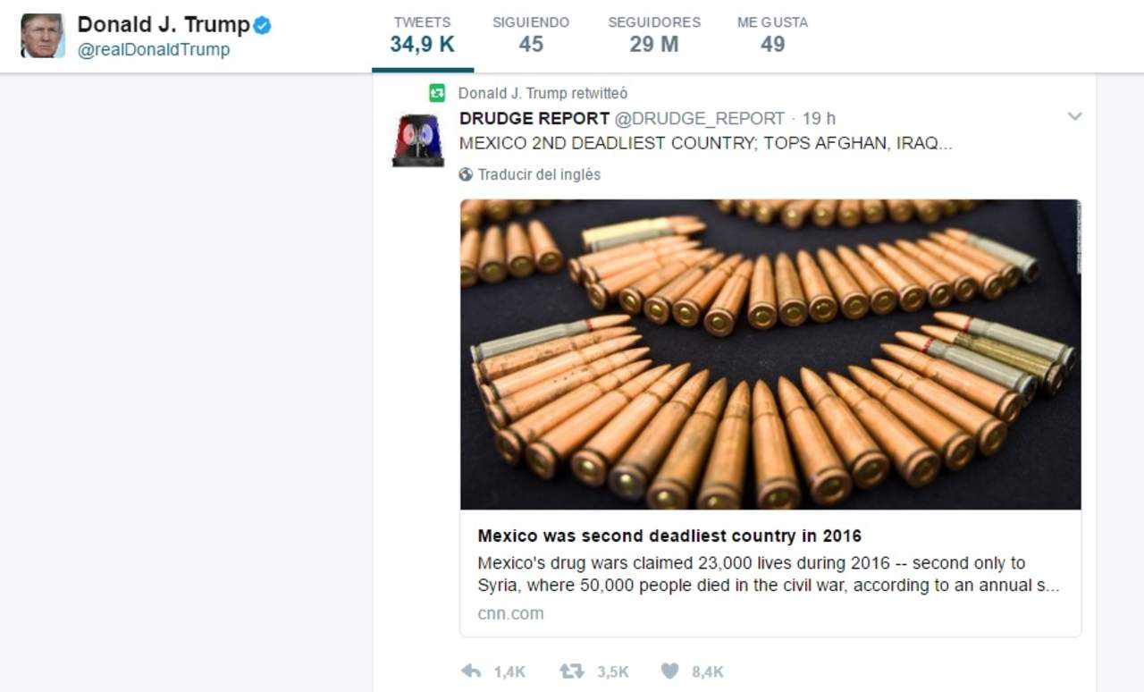Trump comparte en Twitter nota sobre violencia en México