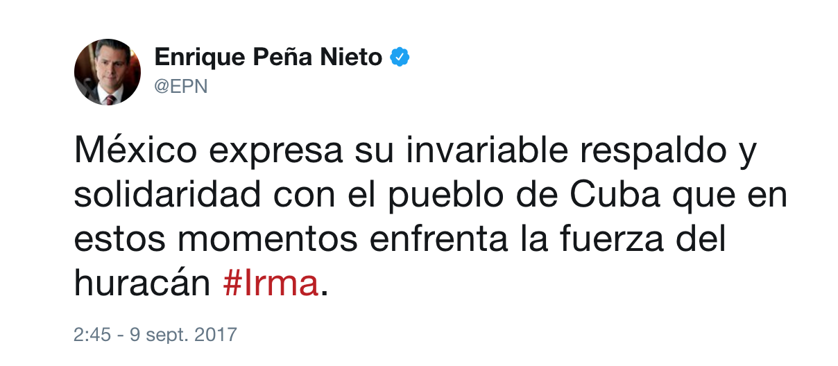 Peña Nieto expresa solidaridad de México con Cuba por embestida de Irma