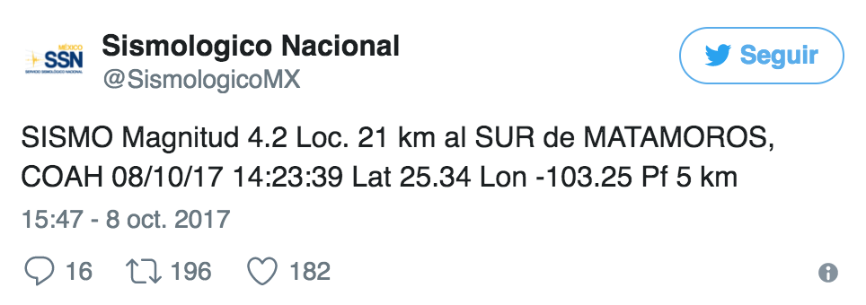 Tiembla en Matamoros, Coahuila