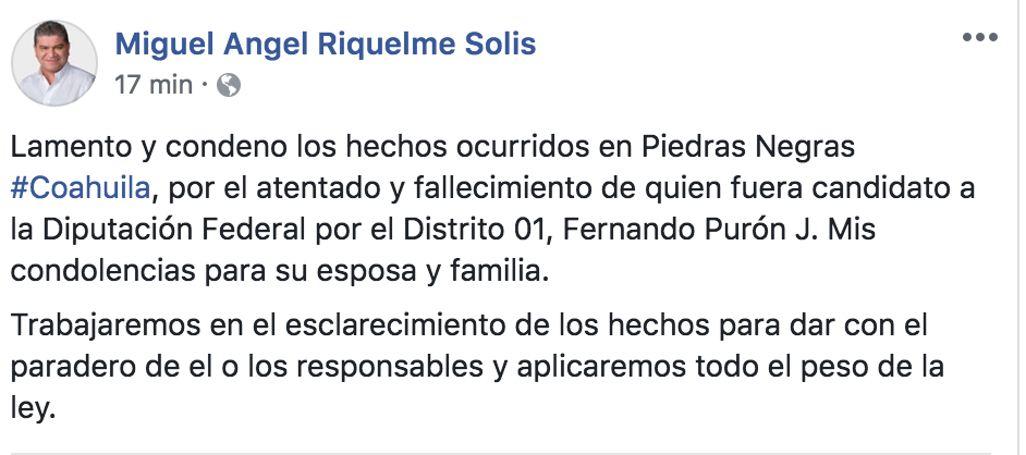 Condena Riquelme asesinato de Purón