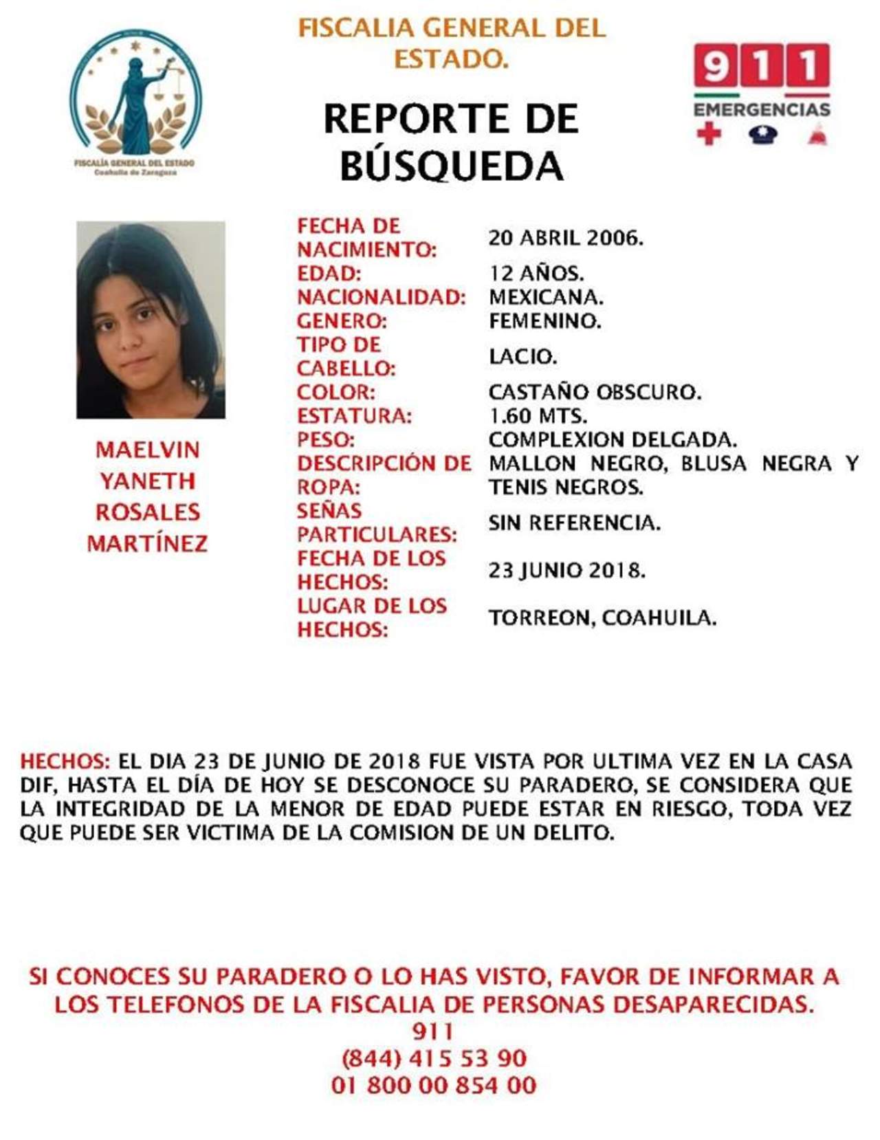 Buscan a menor desaparecida en Torreón