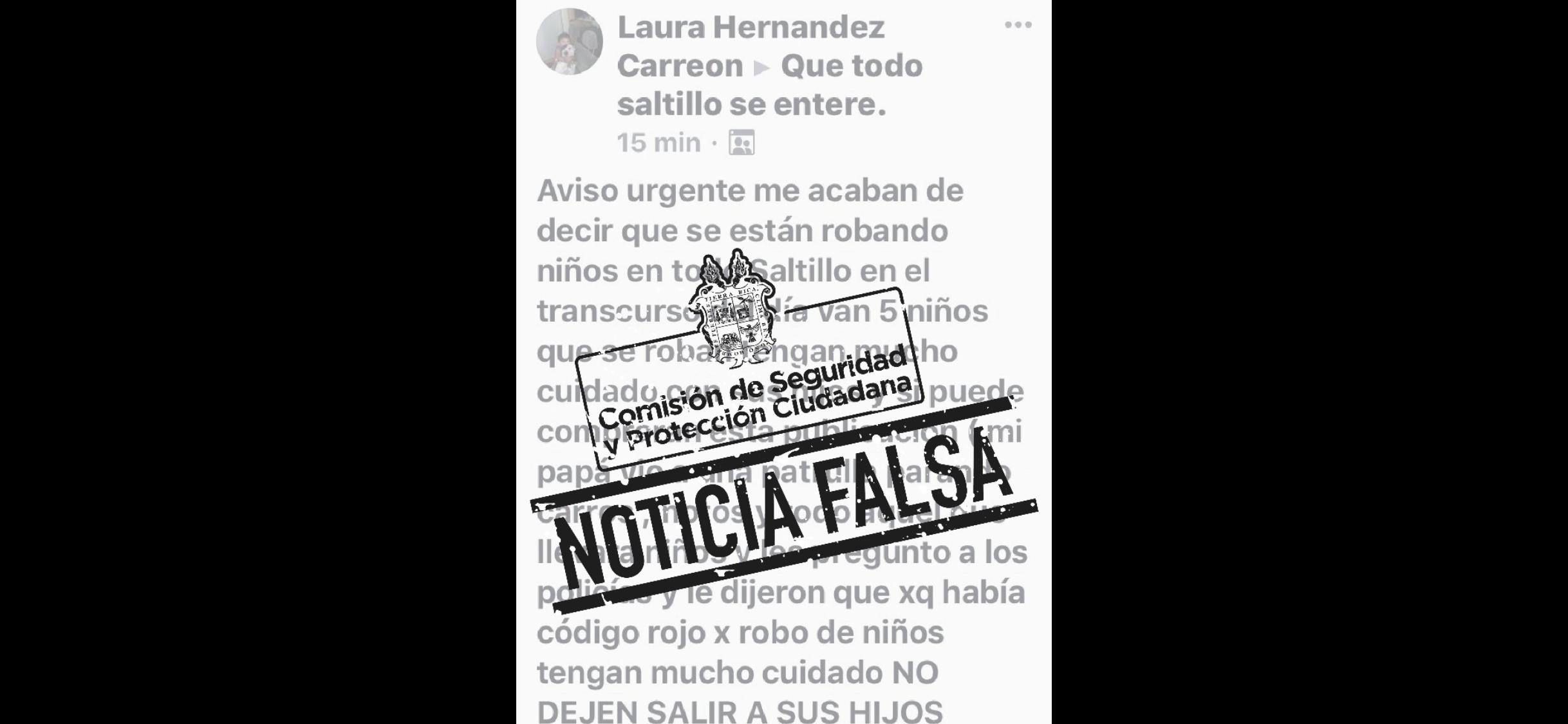 Desmiente Comisión de Seguridad robo <br>de niños en Saltillo; alerta por noticias falsas