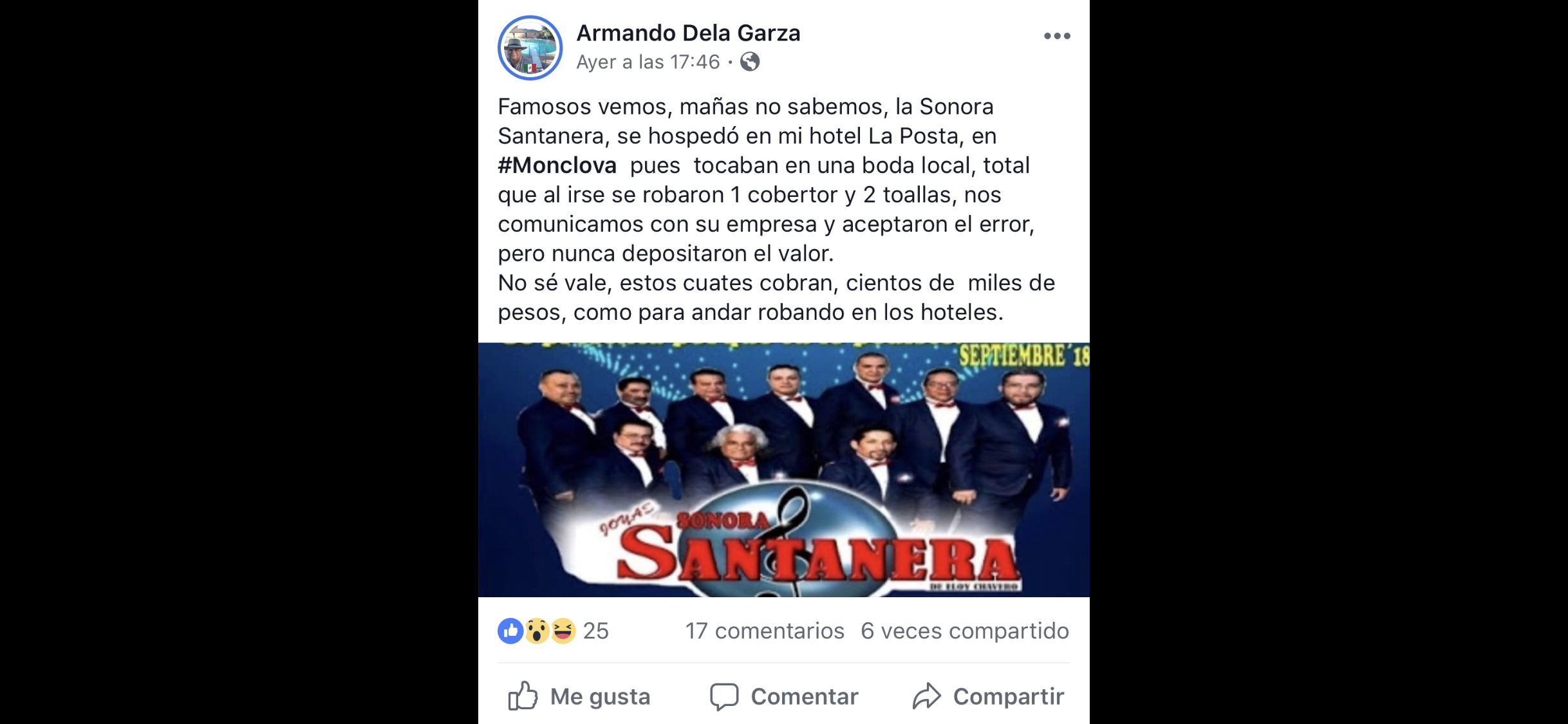 Sonora Santanera roba en hotel de <br>Monclova; denuncia propietario