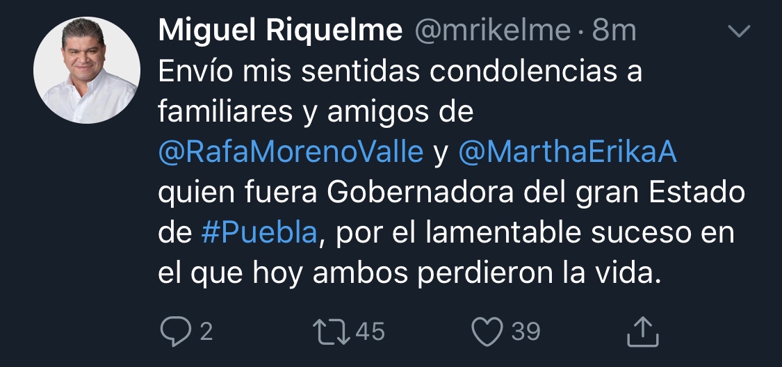 Lamenta Riquelme fallecimiento de <br>gobernadora y senador de Puebla