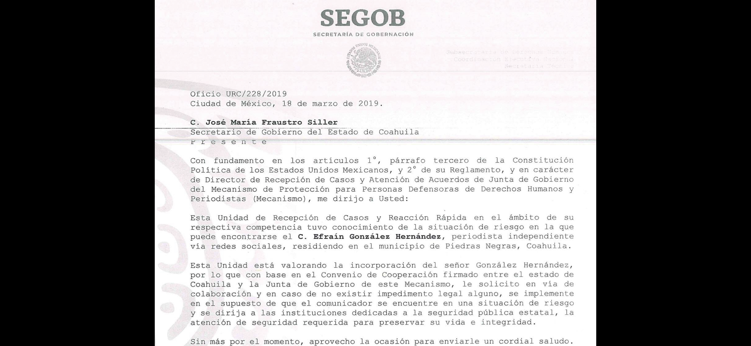 Ofrece Segob protección a reportero <br>denunciado por alcalde de Piedras Negras