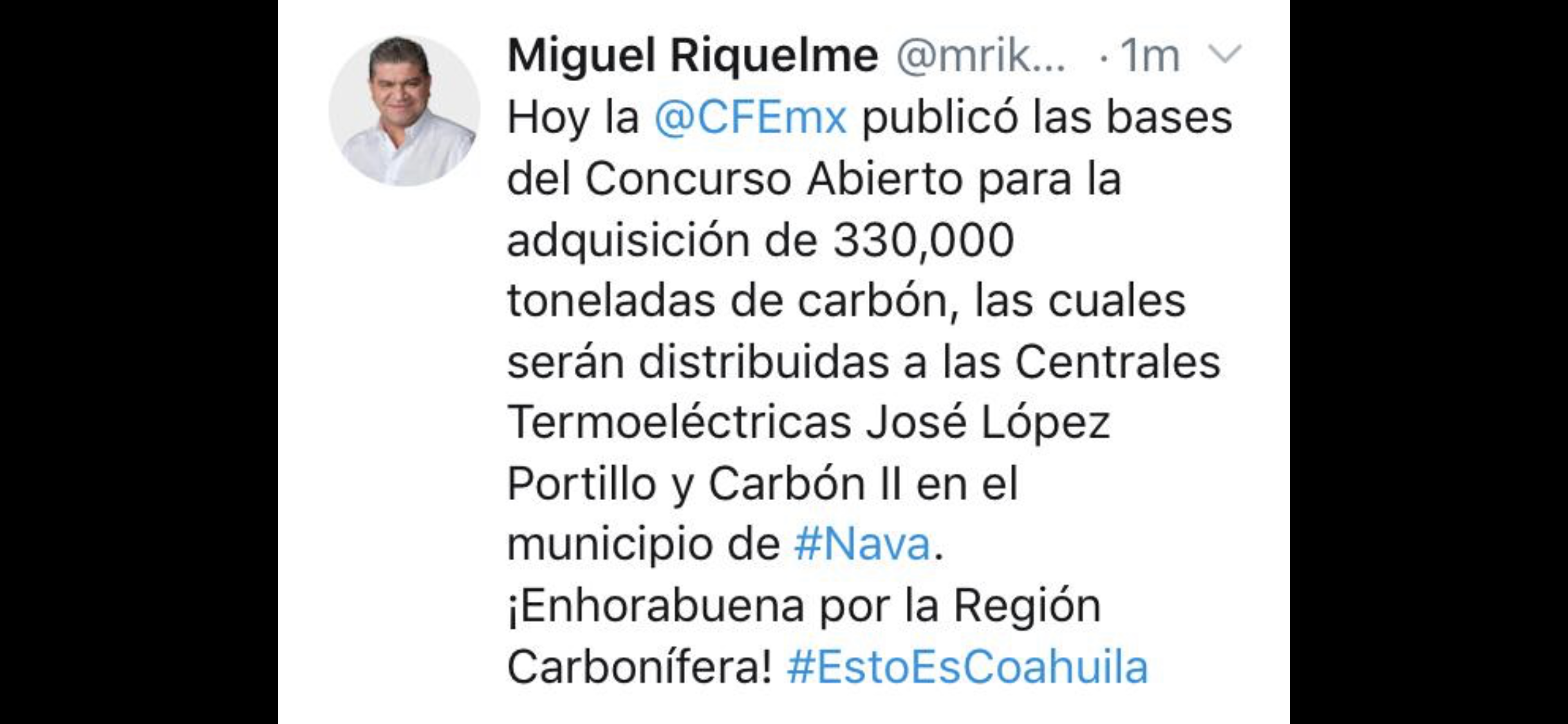 Pública CFE bases para compra <br>de carbón, confirma Riquelme