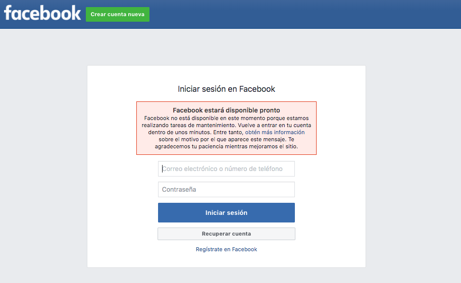 Se cae #Facebook; estamos en mantenimiento, dicen