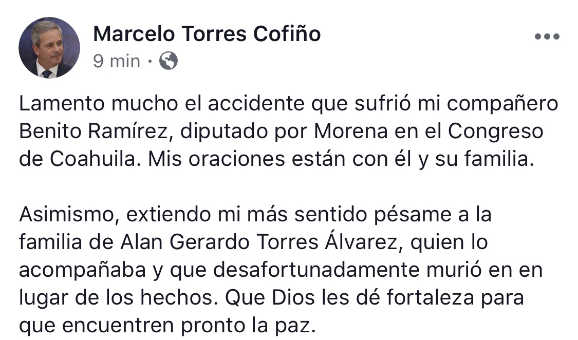 Lamenta Torres Cofiño accidente de diputado de Morena