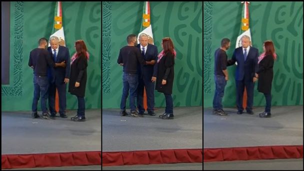 Hombre irrumpe en La Mañanera, <br>burla seguridad y llega hasta AMLO
