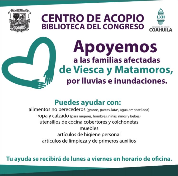 Congreso del Estado convoca a donar en favor de familias afectadas por lluvias en Viesca y Matamoros